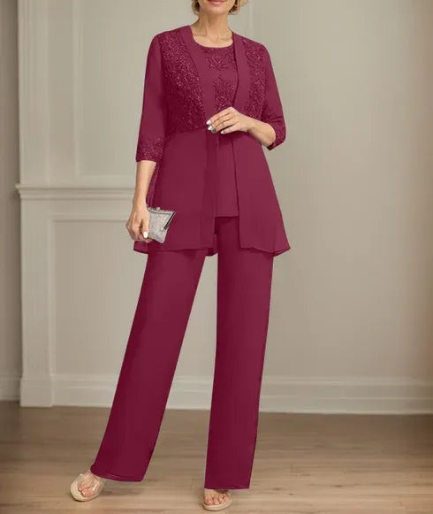 Jumpsuit/Pantsuit Separates Scoop Floor-Length Chiffon Lace Mother of the Bride Dress With Sequins