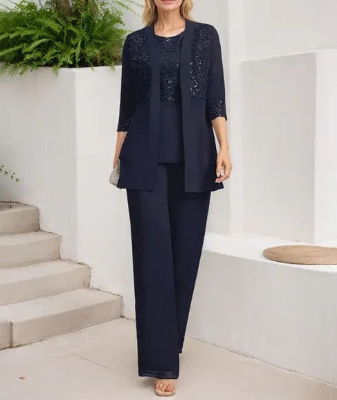 Jumpsuit/Pantsuit Separates Scoop Floor-Length Chiffon Lace Mother of the Bride Dress With Sequins