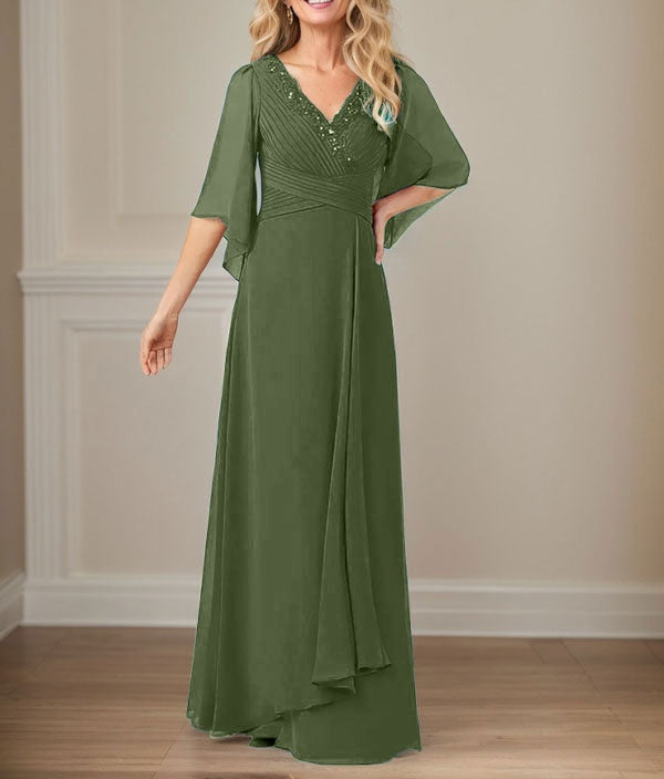 A-Line V-Neck Long Sequins Chiffon Mother Dress