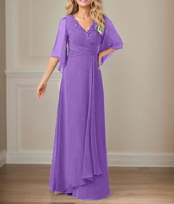 A-Line V-Neck Long Sequins Chiffon Mother Dress