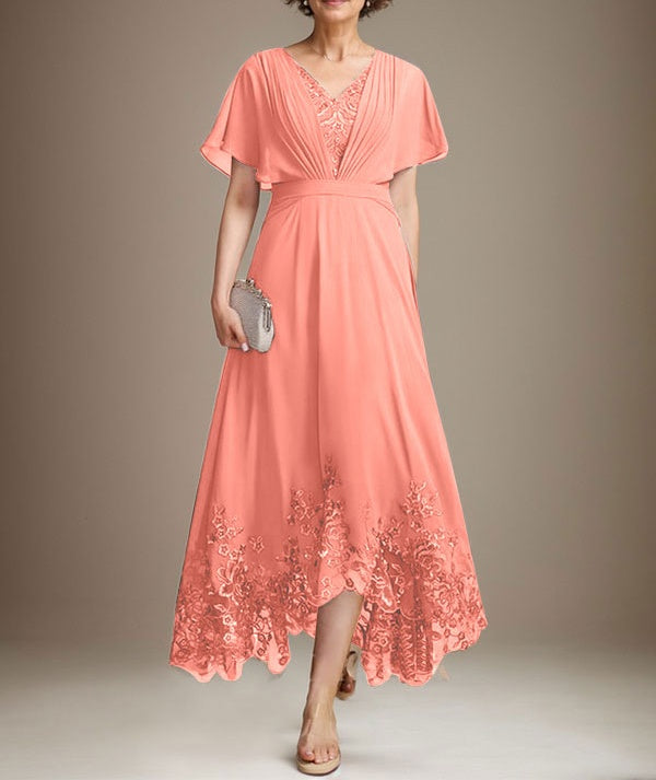 A-line V-Neck Asymmetrical Lace Chiffon Mother of the Bride Dress With Pleated