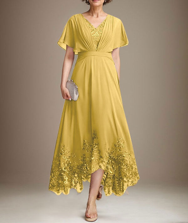 A-line V-Neck Asymmetrical Lace Chiffon Mother of the Bride Dress With Pleated