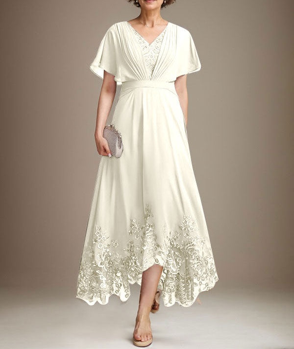A-line V-Neck Asymmetrical Lace Chiffon Mother of the Bride Dress With Pleated