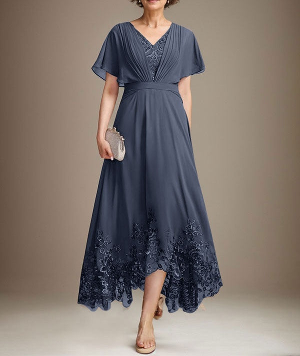 A-line V-Neck Asymmetrical Lace Chiffon Mother of the Bride Dress With Pleated