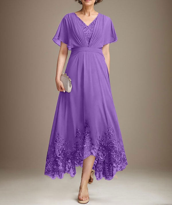A-line V-Neck Asymmetrical Lace Chiffon Mother of the Bride Dress With Pleated