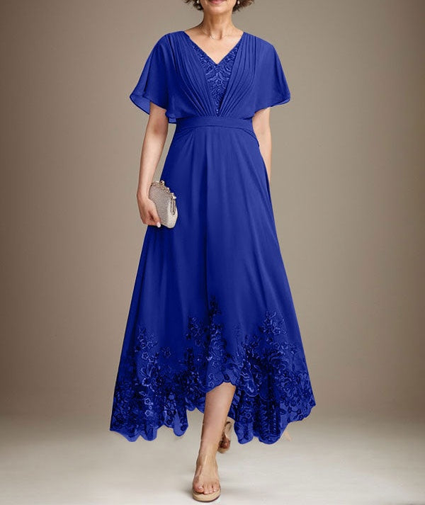 A-line V-Neck Asymmetrical Lace Chiffon Mother of the Bride Dress With Pleated