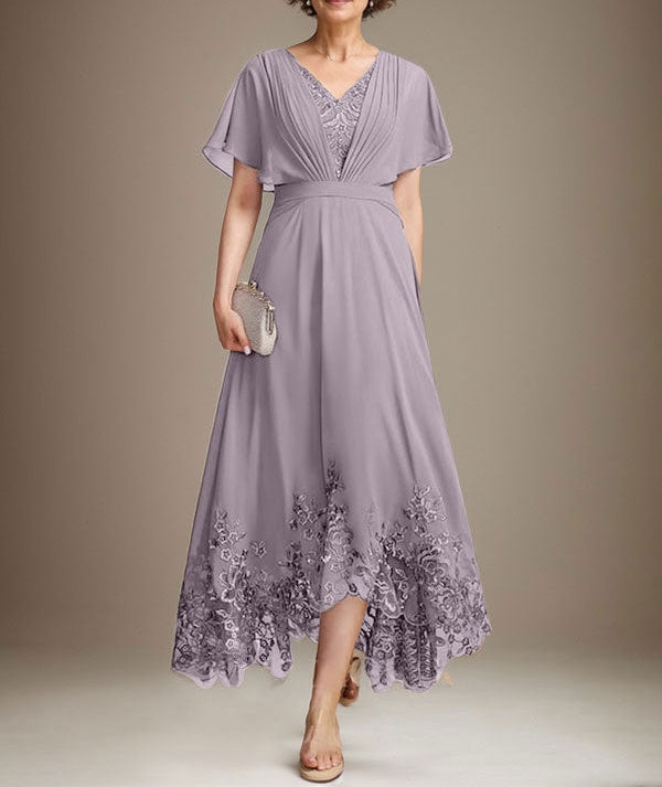 A-line V-Neck Asymmetrical Lace Chiffon Mother of the Bride Dress With Pleated
