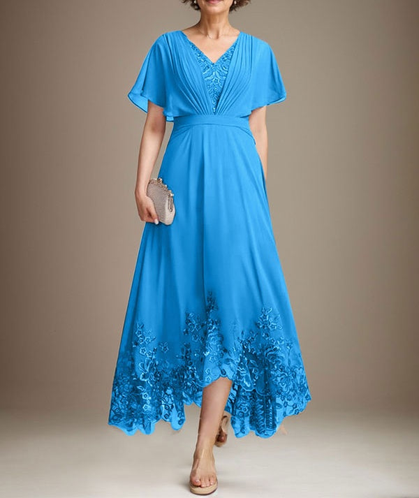 A-line V-Neck Asymmetrical Lace Chiffon Mother of the Bride Dress With Pleated