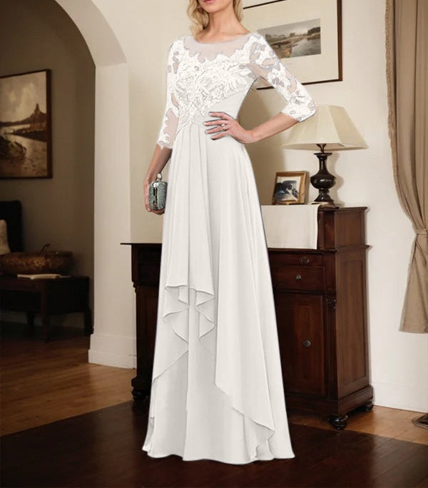 A-line Scoop Illusion Floor-Length Lace Chiffon Mother of the Bride Dress With Cascading Ruffles