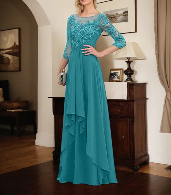 A-line Scoop Illusion Floor-Length Lace Chiffon Mother of the Bride Dress With Cascading Ruffles