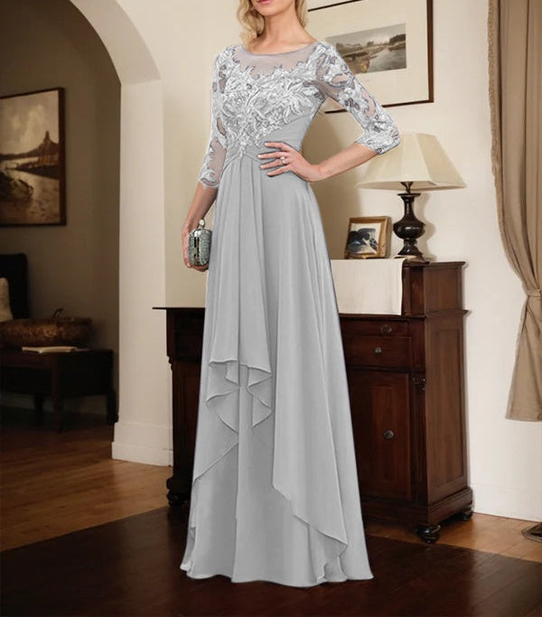 A-line Scoop Illusion Floor-Length Lace Chiffon Mother of the Bride Dress With Cascading Ruffles