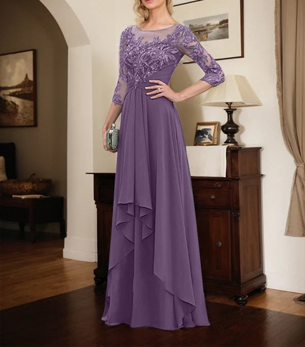 A-line Scoop Illusion Floor-Length Lace Chiffon Mother of the Bride Dress With Cascading Ruffles
