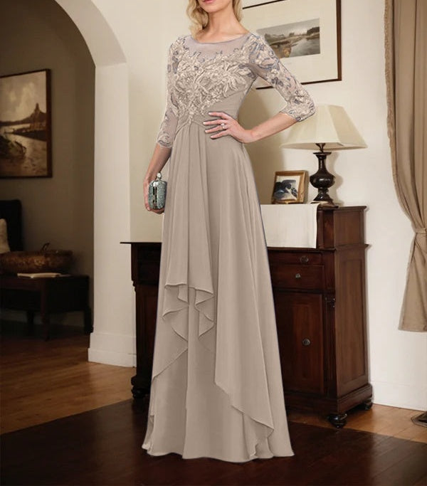 A-line Scoop Illusion Floor-Length Lace Chiffon Mother of the Bride Dress With Cascading Ruffles