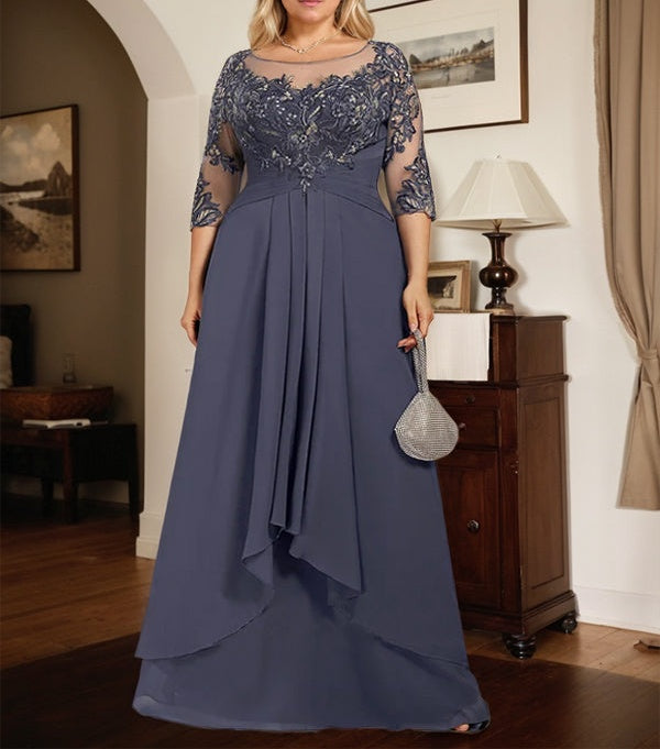 A-line Scoop Illusion Floor-Length Lace Chiffon Mother of the Bride Dress With Cascading Ruffles