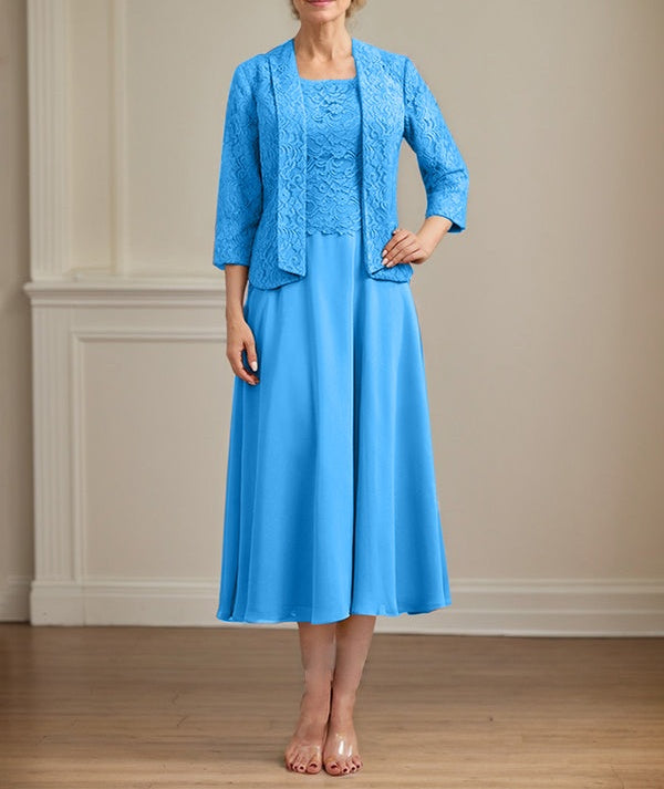 A-line Scoop Tea-Length Lace Chiffon Mother of the Bride Dress