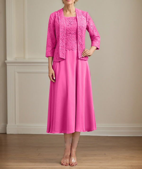 A-line Scoop Tea-Length Lace Chiffon Mother of the Bride Dress