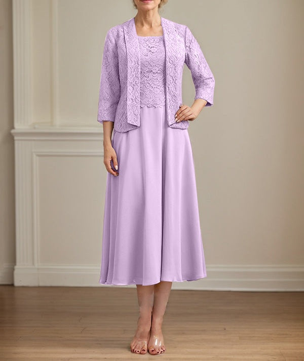 A-line Scoop Tea-Length Lace Chiffon Mother of the Bride Dress