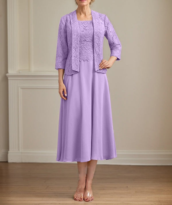 A-line Scoop Tea-Length Lace Chiffon Mother of the Bride Dress