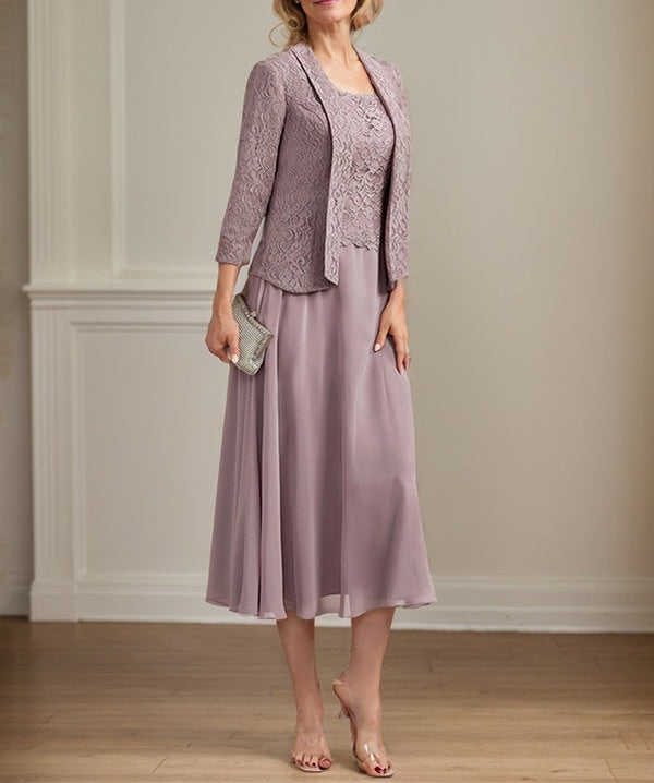 A-line Scoop Tea-Length Lace Chiffon Mother of the Bride Dress