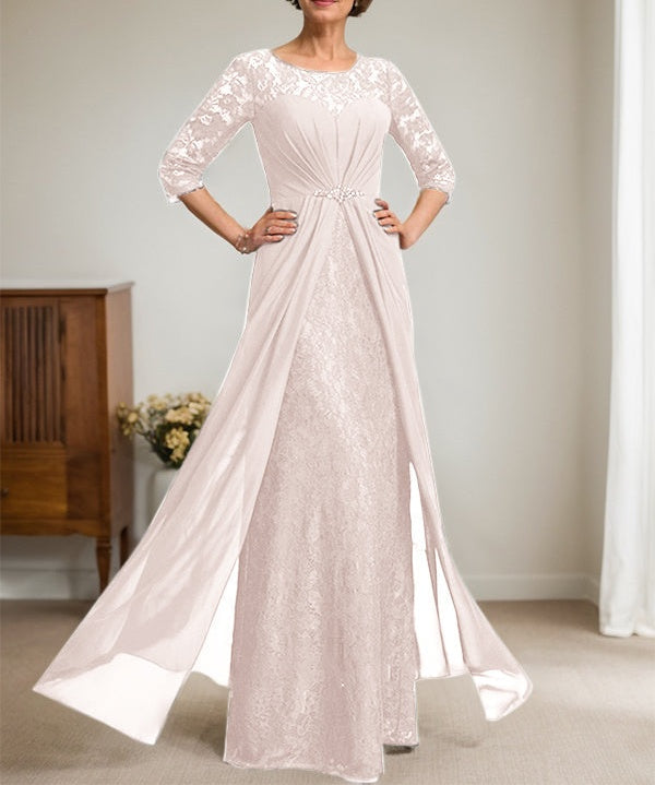 A-Line Scoop Illusion Floor-Length Lace Chiffon Mother Of the Bride Dress With Beading Ruffles