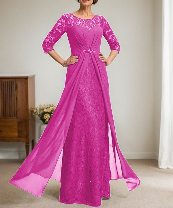 A-Line Scoop Illusion Floor-Length Lace Chiffon Mother Of the Bride Dress With Beading Ruffles
