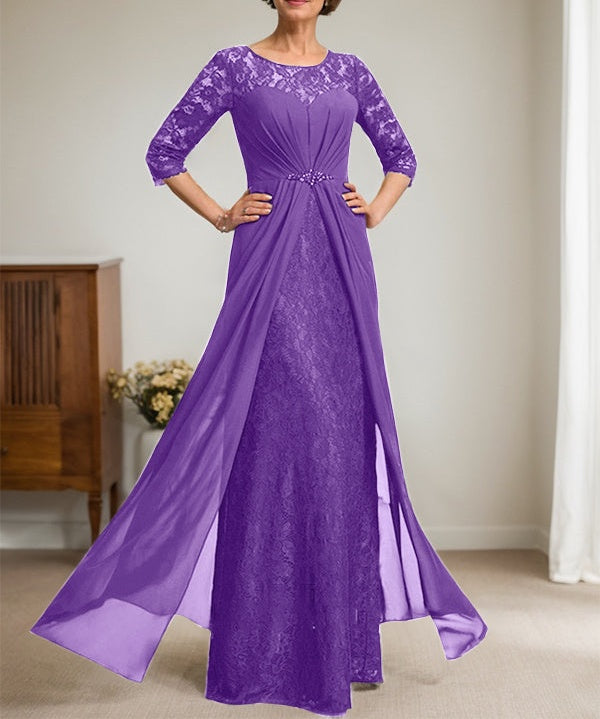 A-Line Scoop Illusion Floor-Length Lace Chiffon Mother Of the Bride Dress With Beading Ruffles
