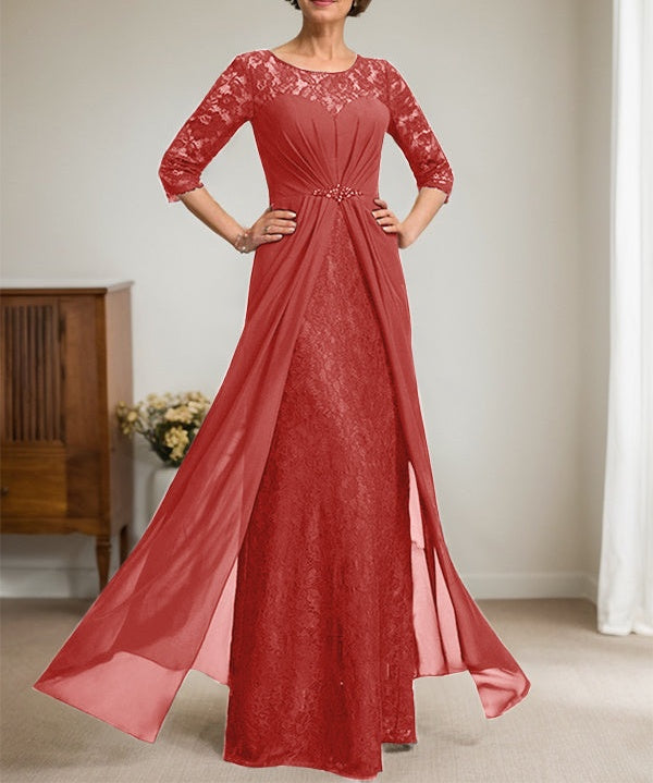 A-Line Scoop Illusion Floor-Length Lace Chiffon Mother Of the Bride Dress With Beading Ruffles