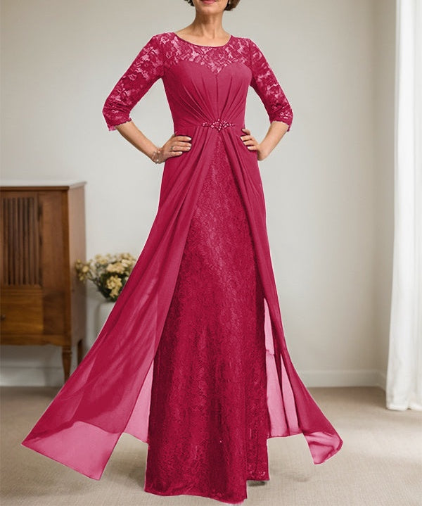 A-Line Scoop Illusion Floor-Length Lace Chiffon Mother Of the Bride Dress With Beading Ruffles