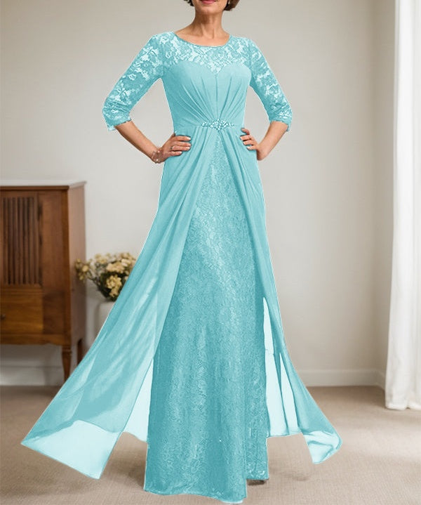 A-Line Scoop Illusion Floor-Length Lace Chiffon Mother Of the Bride Dress With Beading Ruffles