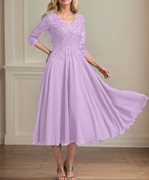 A-line V-Neck Tea-Length Chiffon Lace Mother of the Bride Dress With Beading Sequins