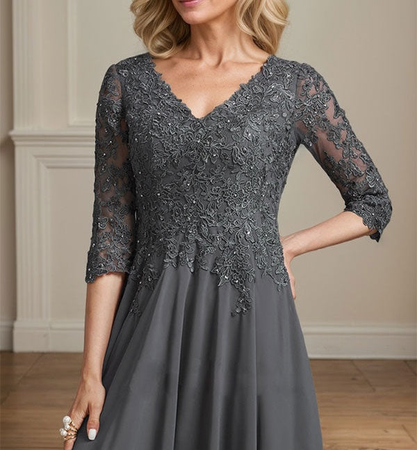 A-line V-Neck Tea-Length Chiffon Lace Mother of the Bride Dress With Beading Sequins