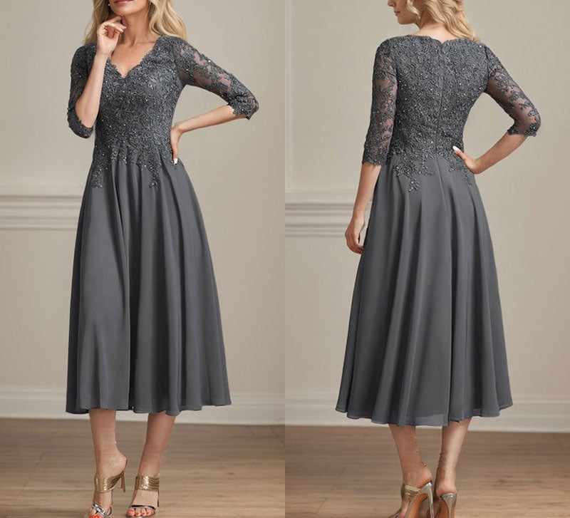 A-line V-Neck Tea-Length Chiffon Lace Mother of the Bride Dress With Beading Sequins