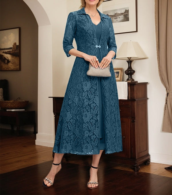 A-line V-Neck Tea-Length Chiffon Mother of the Bride Dress