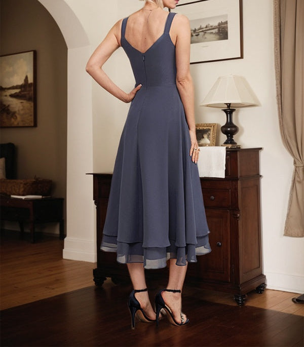 A-line V-Neck Tea-Length Chiffon Mother of the Bride Dress