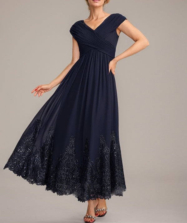 A-line V-Neck Ankle-Length Chiffon Mother of the Bride Dress With Applique Sequins