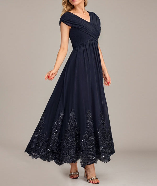 A-line V-Neck Ankle-Length Chiffon Mother of the Bride Dress With Applique Sequins