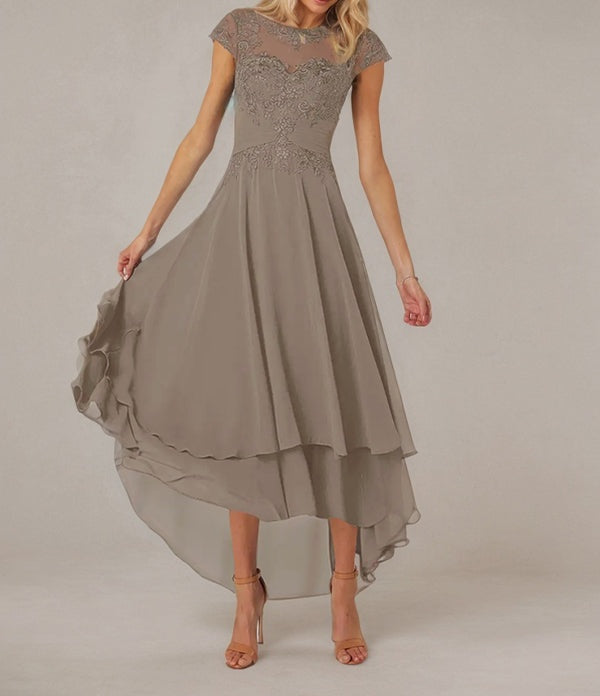 A-line Boat Neck Illusion Asymmetrical Chiffon Lace Mother of the Bride Dress With Applique Pleats