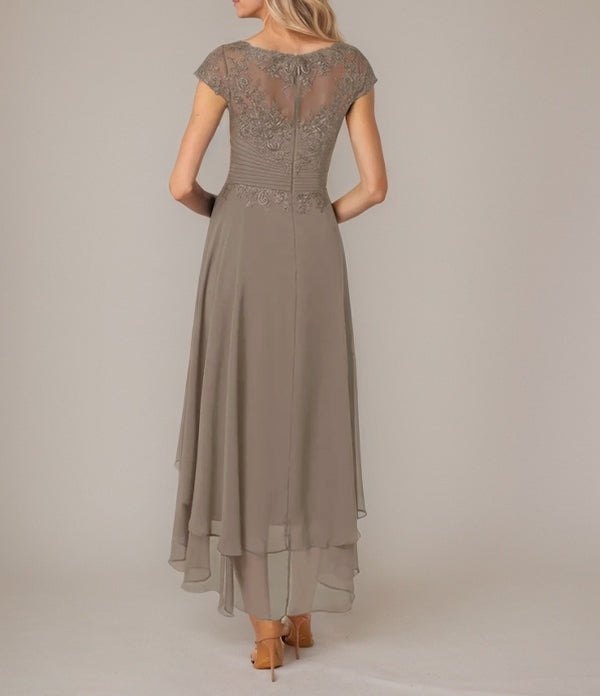 A-line Boat Neck Illusion Asymmetrical Chiffon Lace Mother of the Bride Dress With Applique Pleats