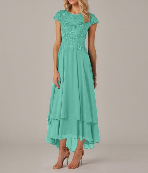 A-line Boat Neck Illusion Asymmetrical Chiffon Lace Mother of the Bride Dress With Applique Pleats
