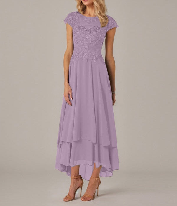 A-line Boat Neck Illusion Asymmetrical Chiffon Lace Mother of the Bride Dress With Applique Pleats