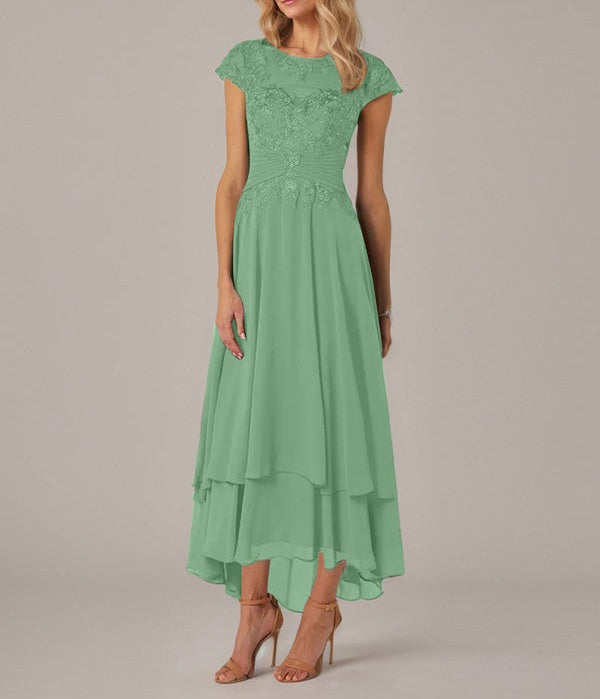 A-line Boat Neck Illusion Asymmetrical Chiffon Lace Mother of the Bride Dress With Applique Pleats