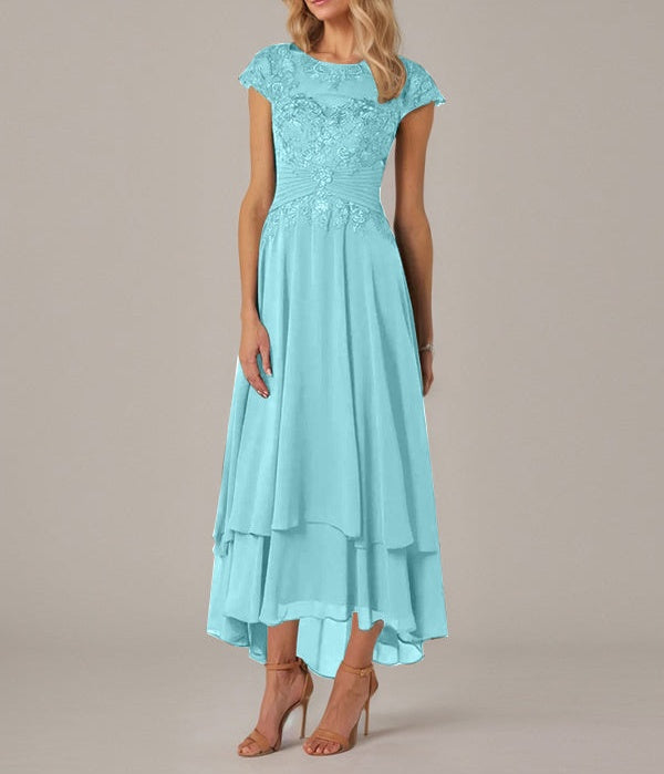A-line Boat Neck Illusion Asymmetrical Chiffon Lace Mother of the Bride Dress With Applique Pleats