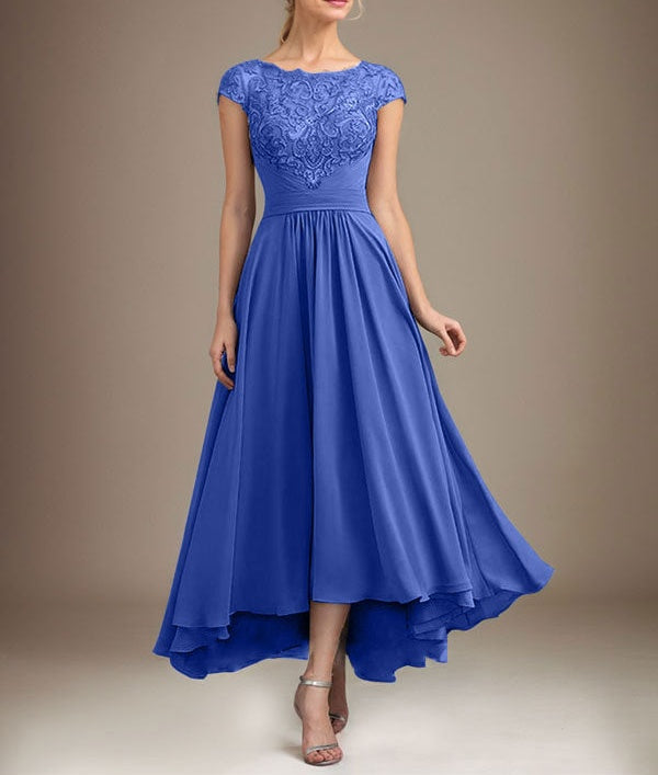 A-line Scoop Illusion Asymmetrical Lace Chiffon Mother of the Bride Dress With Pleated