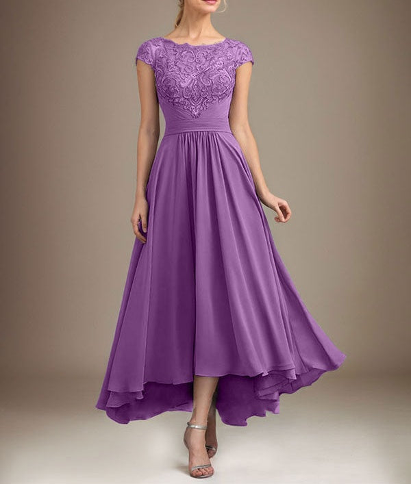 A-line Scoop Illusion Asymmetrical Lace Chiffon Mother of the Bride Dress With Pleated