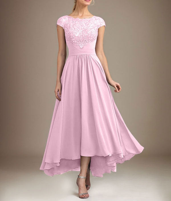 A-line Scoop Illusion Asymmetrical Lace Chiffon Mother of the Bride Dress With Pleated