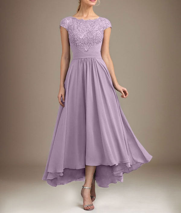 A-line Scoop Illusion Asymmetrical Lace Chiffon Mother of the Bride Dress With Pleated