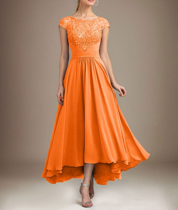 A-line Scoop Illusion Asymmetrical Lace Chiffon Mother of the Bride Dress With Pleated