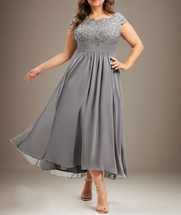 A-line Scoop Illusion Asymmetrical Lace Chiffon Mother of the Bride Dress With Pleated