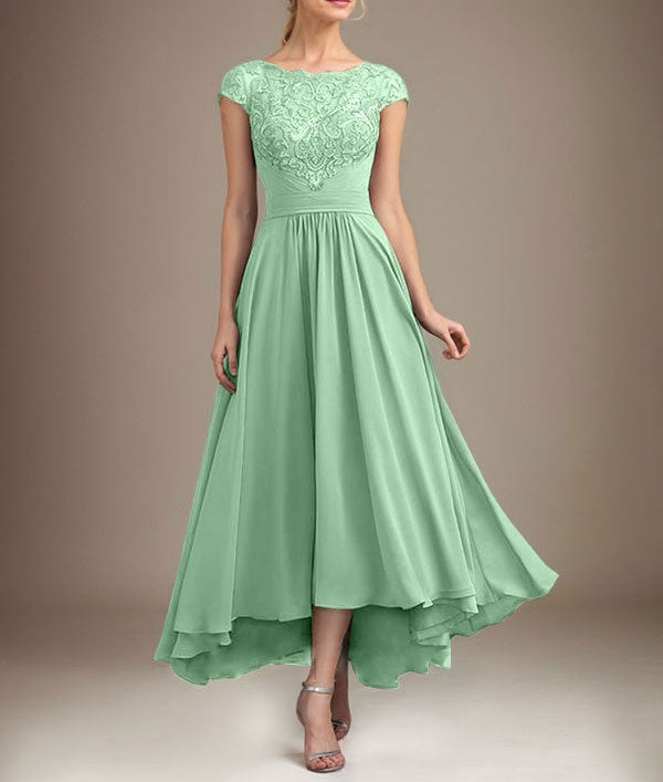 A-line Scoop Illusion Asymmetrical Lace Chiffon Mother of the Bride Dress With Pleated