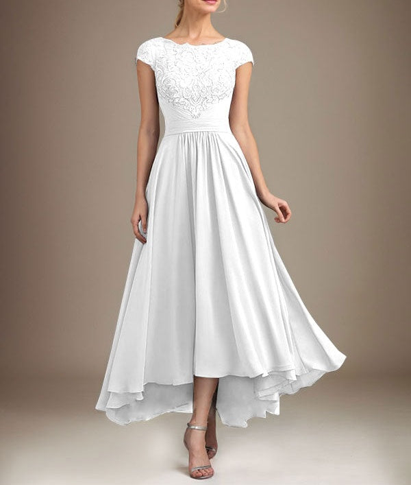 A-line Scoop Illusion Asymmetrical Lace Chiffon Mother of the Bride Dress With Pleated